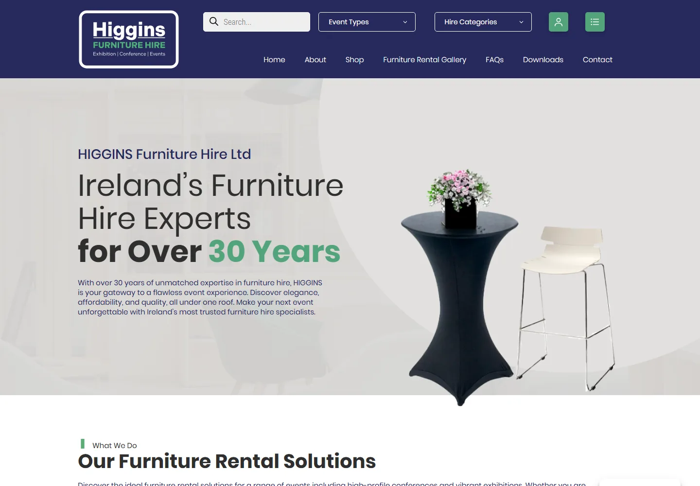 Higgins Furniture Hire website designed by Brandstart, presenting a specialist event-furniture rental catalogue with clear category structure