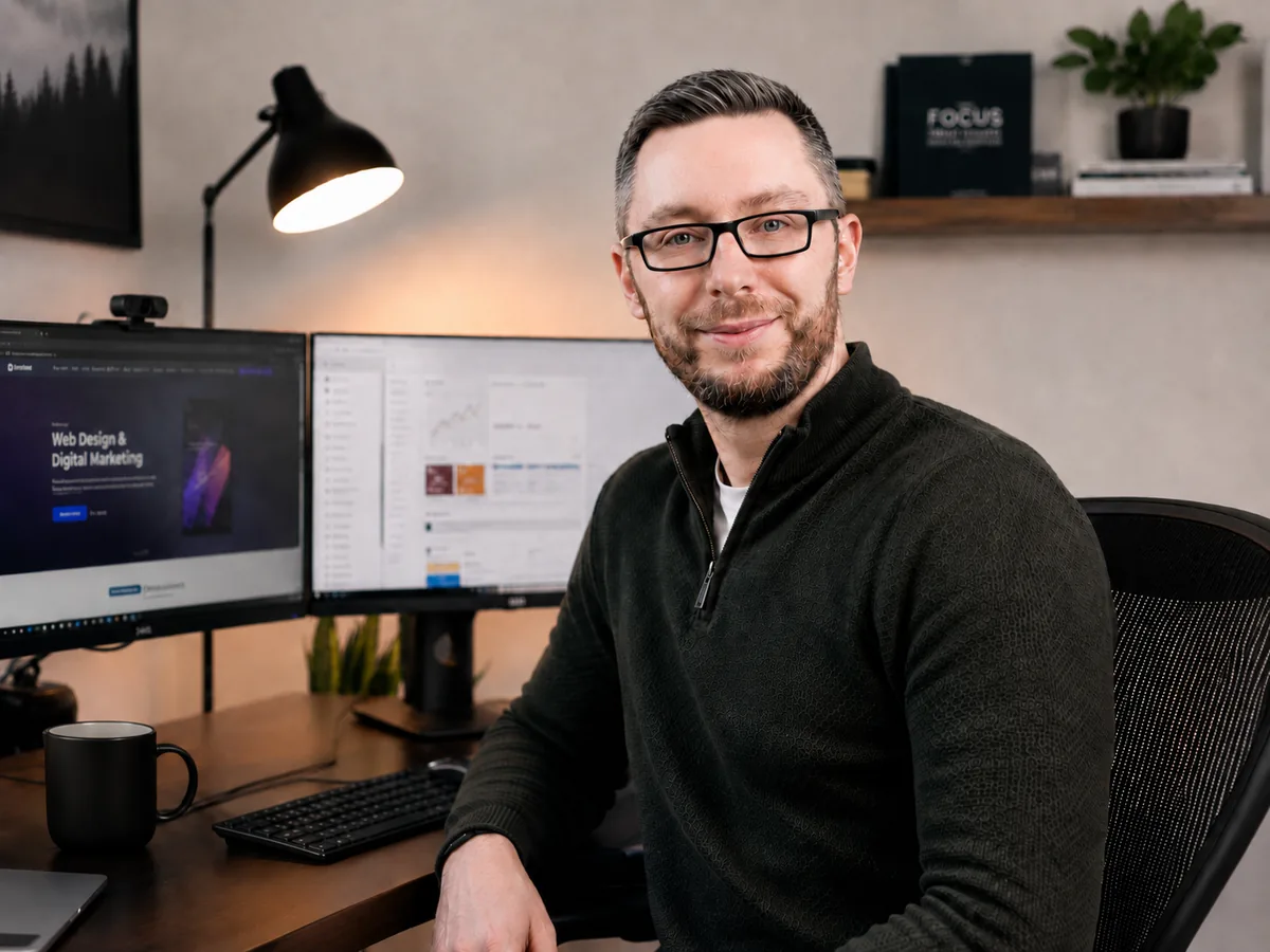 John Finnegan at his desk in the Brandstart studio
