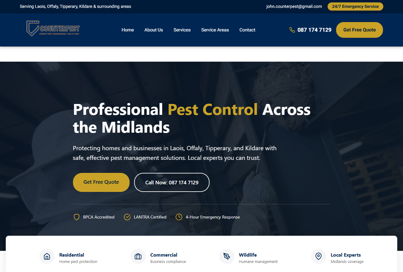 CounterPest.ie website screenshot - Professional pest control services in the Midlands